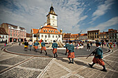 Tower brass band at Piata Sfatului in the historic centre, Brasov, Transylvania, Romania