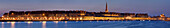 Panoramic view of old town with fortifications and the Cathedral at dusk, Saint-Malo, Ille-et-Vilaine, Brittany, France
