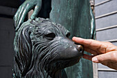 Hand berührt die Nase der Bronzeskulptur des Hundes Sabu am Grab von Liliana Crociati de Szaszak am Friedhof Recoleta, Buenos Aires, Buenos Aires, Argentinien, Südamerika