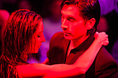 Passionate couple at a tango dance show at El Viejo Almacen restaurant and bar, Buenos Aires, Buenos Aires, Argentina