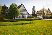 Prunkpforte vor reetgedecktem Fachwerkhaus, bei Neuenfelde, Altes Land, Niedersachsen, Deutschland