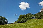 Bauernhöfe am Hintersee bei Ramsau, Berchtesgadener Land, Nationalpark Berchtesgaden, Oberbayern, Bayern, Deutschland