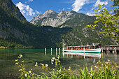 Excursion boat at Salet pier, Koenigssee, Berchtesgaden region, Berchtesgaden National Park, Upper Bavaria, Germany