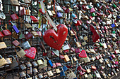 Love locks at Hohenzollern bridge, Cologne, Rhine river, North Rhine-Westphalia, Germany