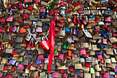 Love locks on Hohenzollern bridge, Cologne, Rhine river, North Rhine-Westphalia, Germany