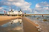 Pier reflecting in the water, Ahlbeck, Usedom island, Baltic Sea, Mecklenburg Western-Pomerania, Germany