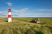 Leuchtturm List Ost und reetgedecktes Friesenhaus, Halbinsel Ellenbogen, Insel Sylt, Nordsee, Nordfriesland, Schleswig-Holstein, Deutschland