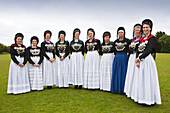 Women in traditional frisian costumes, Nebel, Amrum island, North Sea, North Friesland, Schleswig-Holstein, Germany