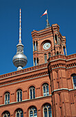 Red city hall, Rotes Rathaus and television tower, Berlin Mitte, Berlin, Germany