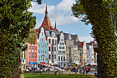 Houses with St. Mary's church, Marienkirche, in the background, Kroepeliner Strasse, Hanseatic town of Rostock, Mecklenburg Western Pommerania, Germany