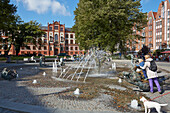 Fountain with University of Rostock in the background, Hanseatic town of Rostock, Mecklenburg Western Pommerania, Germany