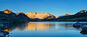 Lake Gruensee with Wildenkogel, Plattenkogel, Kleinvenediger and Grossvenediger in background, Hohe Tauern National Park, East Tyrol, Tyrol, Austria