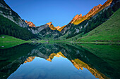 View over lake Seealpsee to mount Saentis, Alpstein, Appenzell Alps, Canton of Appenzell Innerrhoden, Switzerland