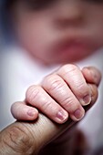 baby hand holding adult finger with face out of focus