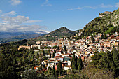 The town of Taormina in Sicily viewed from the Teatro Greco, Italy