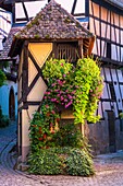 Decorated facade in the picturesque village of Eguisheim, Alsace, France, Europe