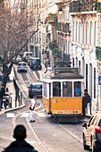 Tram in Bairro Alto district, Lisbon, Portugal, Europe