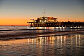 Harbour Office on Santa Monica Pier and the beach in Santa Monica at night, Los Angeles County, California, United States of America, USA