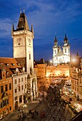 Astronomical clock, Old Town Hall, on background Church of Mother of God before Týn or Church of Our Lady before Tyn, Old Town Square, Staromestske namesti, Prague, Czech Republic Europe