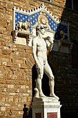 Renaissance sculpture created between 1501 and 1504, by the Italian artist Michelangelo  In front of the Palazzo Vecchio, Piazza della Signoria in Florence, Italy