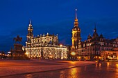 View over Theaterplatz square to the Catholic Court Church, equestrian statue of King Johann of saxony, Dresden Castle and the Hausmannsturm tower, Dresden, Saxony, Germany, Europe