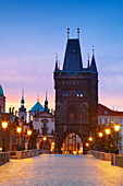 Prague - Old Town before sunrise, Bridge Tower and Charles Bridge, Prague, Czech Republic, Europe