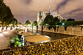 Blick von der Pont de l'Archevêché mit Liebesschlösser auf Cathédrale Notre-Dame de Paris, Île de la Cité, Paris, Frankreich, Europa, UNESCO Welterbe (Seineufer zwischen Pont de Sully und Pont d'Iéna)