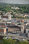 View of the old town of Passau with town hall, church of St. Michael and monastry Maria Hilf, River Danube and Inn, Passau, Lower Bavaria, Bavaria, Germany
