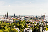 View to Hamburg harbour with the Elbphilharmonie and the Hamburger Michel, Neustadt, Hamburg, Germany