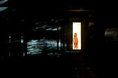Girl Waiting Behind Screen Door With Shadows at Night