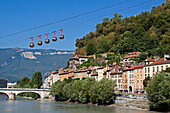 View Of The Quays On The Isere And The Bubbles Linking Grenoble To The Bastille, Grenoble, Isere, Rhone-Alpes, France