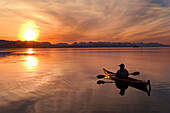 Sea Kayaker In Favorite Passage @ Sunset Se Alaska Summer Chilkat Range Silhouette