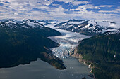 Aerial View Of Mendenhall Glacier Winding Its Way Down From The Juneau Icefield To Mendenhall Lake In Tongass National Forest Near Juneau, Alaska