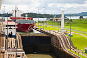'Panama, Cargo Ship Entering Gatun Locks; Panama Canal'