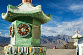 Detail of the the Shanti (Peace) Stupa which looks over Leh from the Changspa district of the town.  Leh was the capital of the Himalayan kingdom of Ladakh, now the Leh District in the state of Jammu and Kashmir, India.  Leh is at an altitude of 3, 500 me