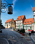 Half-timbered houses and cafe on Schlossberg, Quedlinburg, Saxony-Anhalt, Germany