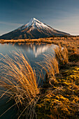 Mount Taranaki reflected in small tarn on slopes of Pouakai Range, New Zealand