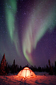 Northern lights or aurora borealis over illuminated tent, boreal forest, North America