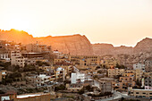 View over Wadi Musa to Petra in sunset, Jordan, Middle East