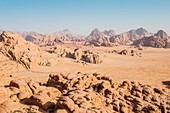Desert landscape with rock formations, Wadi Rum, Jordan, Middle East