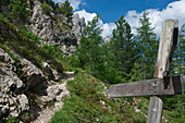 Wooden signpost on a walking trail to the Odle di Eores group, Val di Funes, Dolomiten Alps, South Tyrol, Upper Adige, Italy