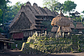 Megalithe und Nagadhu- und Bhaga-Schreine in Bena, traditionelles Dorf der Ngada bei Bajawa, im Hintergrund traditionelle Häuser am Dorfplatz, Flores, Nusa Tenggara Timur, Östliche Kleine Sundainseln, Indonesien