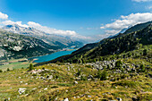 View over Lake Silvaplana and Silvaplana, Upper Engadin, Canton of Graubuenden, Switzerland
