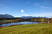 View over a pond to the Allgaeu Alps, Saeuling and Tannheim mountains, Allgaeu, Bavaria, Germany