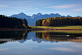 View over lake Forggensee to the Allgaeu Alps, Tannheim mountains, Allgaeu, Bavaria, Germany