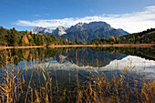 View over lake Luttensee to the Karwendel mountains, near Mittenwald, Bavaria, Germany