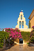 Courtyard and bell tower of Panagia Theotokou monastery, near Paleokastritsa, Corfu island, Ionian islands, Greece