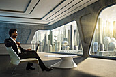 Man sitting inside a modern appartment and looking at a futuristic city skyline, Germany