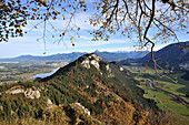 View towards lake Forgensee from Falkenstein over Pfronten, Ostallgaeu, Swabia, Bavaria, Germany