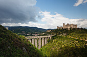 Ponte delle Torri, medieval aqueduct from the 13.Jhd., and Rocca Albornoziana, cardinal´s fortress from the 14.Jhd., St. Francis of Assisi, Via Francigena di San Francesco, St. Francis Way, Spoleto, province of Perugia, Umbria, Italy, Europe